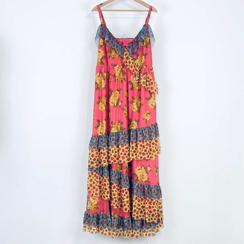 Torrid x Betsey Johnson Maxi Mesh Ruffle Dress Sz 2x Asymmetrical Tiered Floral